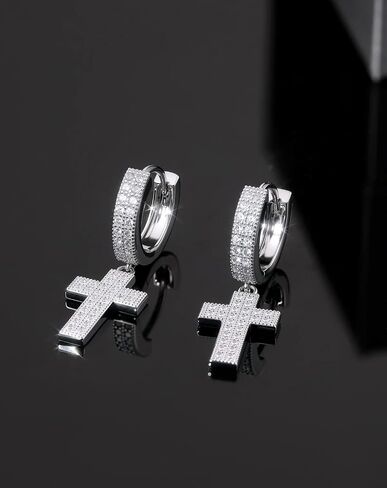 Iced Out Hoop Earrings Moissanite Earrings Mens Women Lab Diamond Small Huggies Cross Dangle Cartilage S925 18K Gold Plated Hypoallergenic Hip Hop Earring with VVS1 GRA Certified 15MM in Saudi Arabia