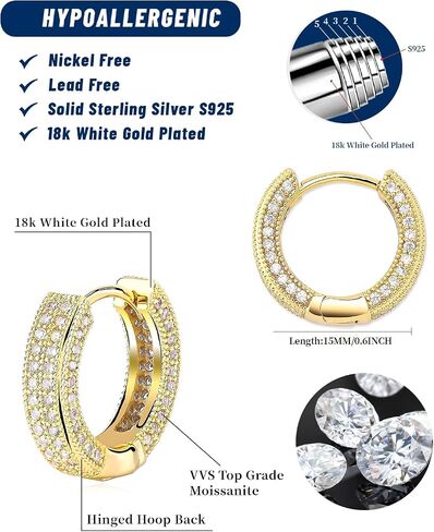 Iced Out Hoop Earrings Moissanite Earrings Mens Women Lab Diamond Small Huggies Cross Dangle Cartilage S925 18K Gold Plated Hypoallergenic Hip Hop Earring with VVS1 GRA Certified 15MM in Saudi Arabia