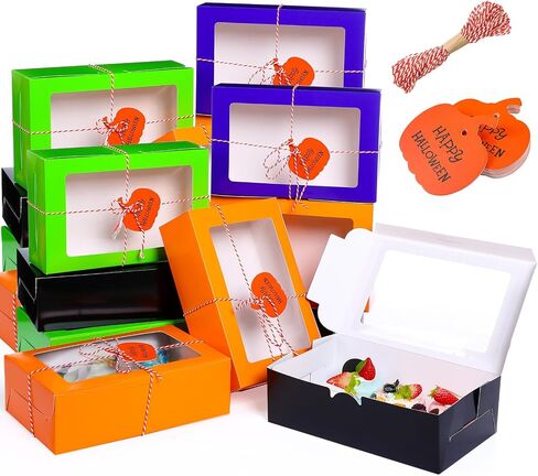 48 Pcs Halloween Cookie Boxes with Window 6 x 6 x 3 Inch Halloween Tricks or Treat Boxes Candy Gift Boxes Bakery Dessert Boxes with Pumpkin Gift Cards, 3 Bundle Ropes for Halloween Party in Saudi Arabia