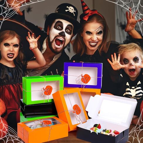 48 Pcs Halloween Cookie Boxes with Window 6 x 6 x 3 Inch Halloween Tricks or Treat Boxes Candy Gift Boxes Bakery Dessert Boxes with Pumpkin Gift Cards, 3 Bundle Ropes for Halloween Party in Saudi Arabia
