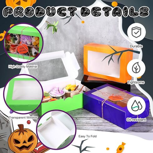 48 Pcs Halloween Cookie Boxes with Window 6 x 6 x 3 Inch Halloween Tricks or Treat Boxes Candy Gift Boxes Bakery Dessert Boxes with Pumpkin Gift Cards, 3 Bundle Ropes for Halloween Party in Saudi Arabia
