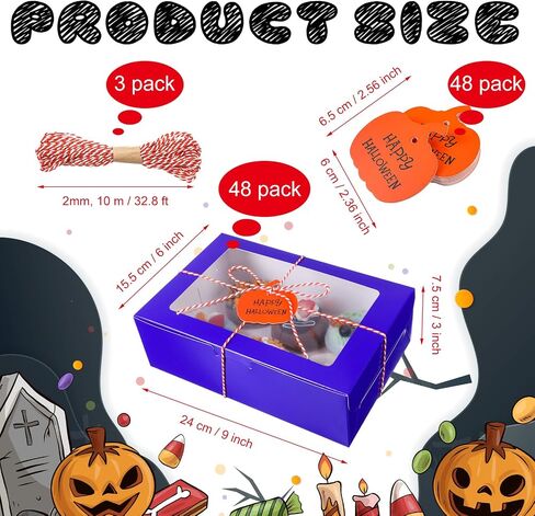 48 Pcs Halloween Cookie Boxes with Window 6 x 6 x 3 Inch Halloween Tricks or Treat Boxes Candy Gift Boxes Bakery Dessert Boxes with Pumpkin Gift Cards, 3 Bundle Ropes for Halloween Party in Saudi Arabia