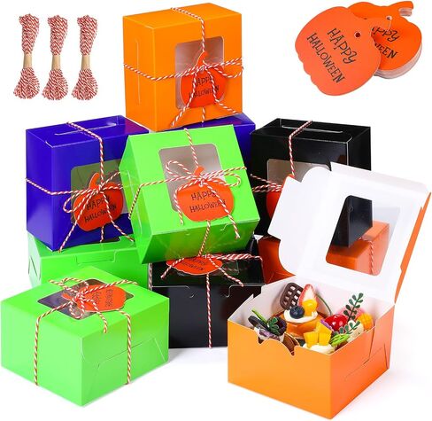 48 Pcs Halloween Cookie Boxes with Window 6 x 6 x 3 Inch Halloween Tricks or Treat Boxes Candy Gift Boxes Bakery Dessert Boxes with Pumpkin Gift Cards, 3 Bundle Ropes for Halloween Party in Saudi Arabia