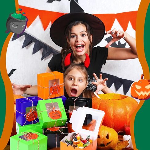 48 Pcs Halloween Cookie Boxes with Window 6 x 6 x 3 Inch Halloween Tricks or Treat Boxes Candy Gift Boxes Bakery Dessert Boxes with Pumpkin Gift Cards, 3 Bundle Ropes for Halloween Party in Saudi Arabia