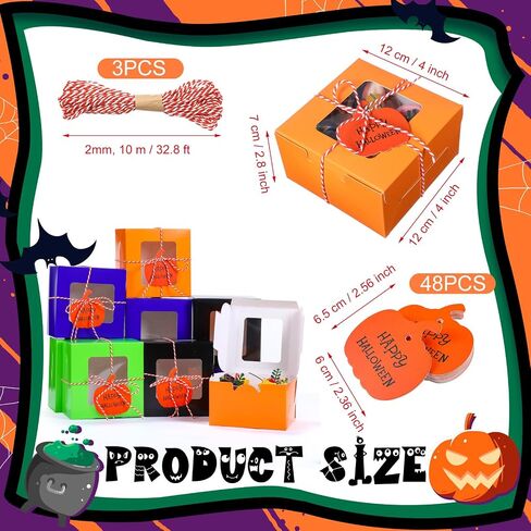 48 Pcs Halloween Cookie Boxes with Window 6 x 6 x 3 Inch Halloween Tricks or Treat Boxes Candy Gift Boxes Bakery Dessert Boxes with Pumpkin Gift Cards, 3 Bundle Ropes for Halloween Party in Saudi Arabia