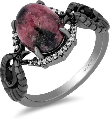 Jewelili Enchanted Disney Fine Jewelry Maleficent Ring for Women | Black Rhodium over Sterling Silver | Rhodonite & 1/8 CTTW Natural White Round Diamonds | Disney Villain Gifts for Her in Saudi Arabia