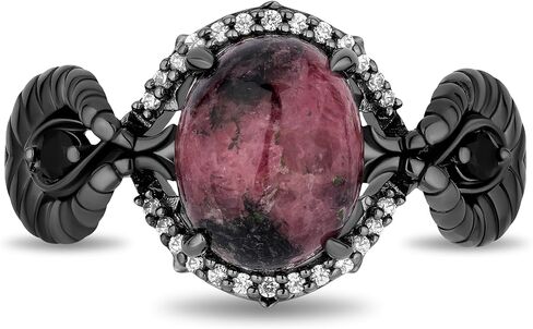 Jewelili Enchanted Disney Fine Jewelry Maleficent Ring for Women | Black Rhodium over Sterling Silver | Rhodonite & 1/8 CTTW Natural White Round Diamonds | Disney Villain Gifts for Her in Saudi Arabia