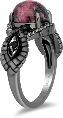 Jewelili Enchanted Disney Fine Jewelry Maleficent Ring for Women | Black Rhodium over Sterling Silver | Rhodonite & 1/8 CTTW Natural White Round Diamonds | Disney Villain Gifts for Her in Saudi Arabia