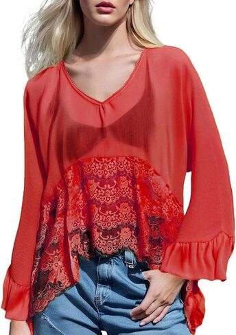 Womens Lace Poncho Top Y2k Batwing Sleeve Sheer Top Sexy See Through Chiffon Blouse Loose Ruffle Flowy Shirt in Saudi Arabia