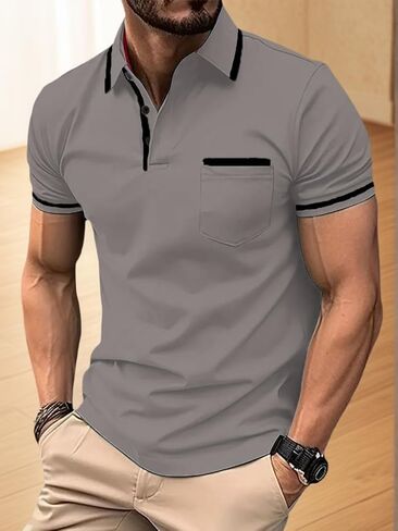 Men's Polo Shirts Short Sleeve Casual Button Up T Shirt Slim Fit Golf Shirts with Pocket in Saudi Arabia