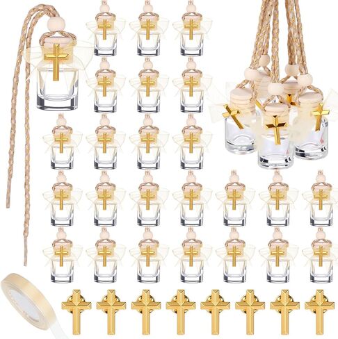 30 Set Baptism Favors Holy Water Bottles 8ml Mini Catholic Christian Holy Water Container with Cross Pin and Ribbon for Church Catholic Baptism Communion Gift(Yellow,Cylindrical) in Kuwait