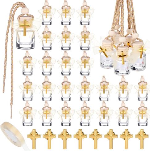 30 Set Baptism Favors Holy Water Bottles 8ml Mini Catholic Christian Holy Water Container with Cross Pin and Ribbon for Church Catholic Baptism Communion Gift(Yellow,Cylindrical) in Kuwait