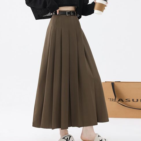 Summer Black Flowy Maxi Skirts for Women Trendy Solid High-Waist Pleated Flared Classic A-Line Casual Maxi Skirt in Kuwait