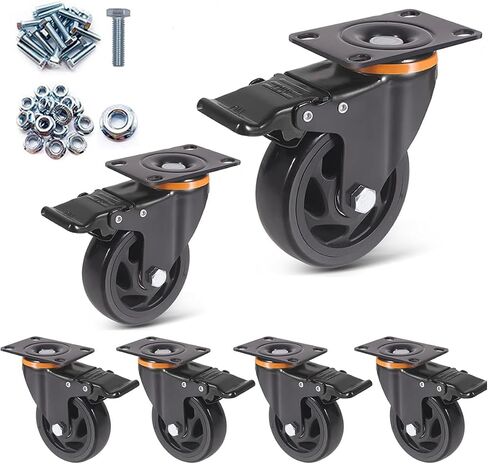 5 Inch Caster Wheels with Safety Brake 4000Lbs, Heavy Duty Casters Set of 6, Industrial Swivel Casters with Double Ball Bearings, Polyurethane No Noise Wheels for Cart,Furniture in Saudi Arabia