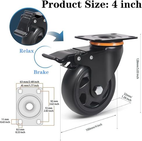 5 Inch Caster Wheels with Safety Brake 4000Lbs, Heavy Duty Casters Set of 6, Industrial Swivel Casters with Double Ball Bearings, Polyurethane No Noise Wheels for Cart,Furniture in Saudi Arabia