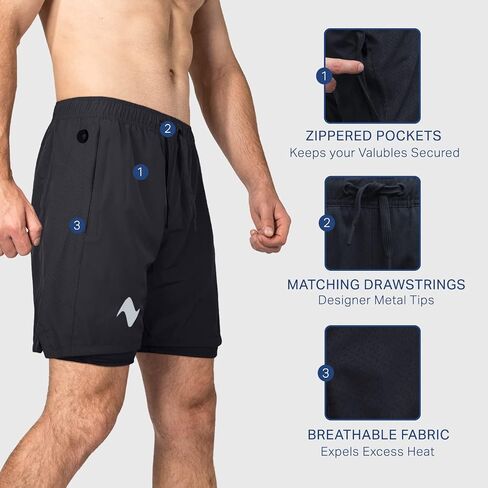 Gym Shorts for Men, Lightweight Men's Athletic Workout Shorts, 2 in 1 with Zipper Pocket - 7 Inch Inseam in Kuwait