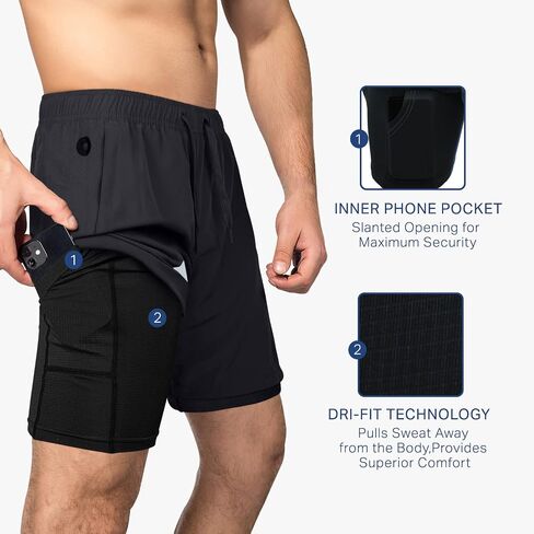 Gym Shorts for Men, Lightweight Men's Athletic Workout Shorts, 2 in 1 with Zipper Pocket - 7 Inch Inseam in Kuwait