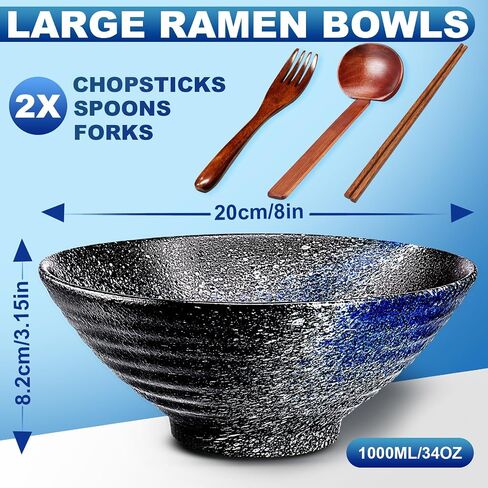 مجموعة أوعية YTLEMON Ramen من السيراميك، مجموعتان من أوعية تقديم يابانية كبيرة سعة 34 أونصة مع عيدان تناول الطعام وملاعق Pho، أواني طعام للشقق الجديدة مناسبة كهدايا هووسورمينغ (أزرق) in Saudi Arabia