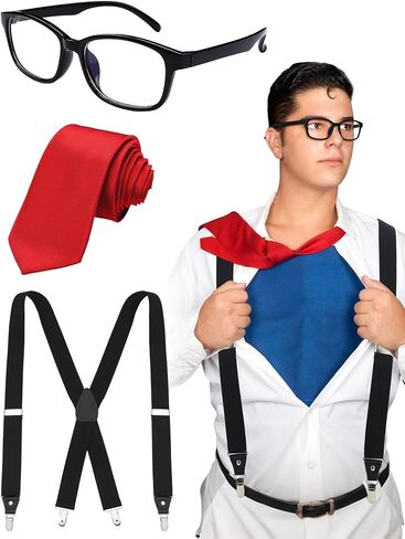 3 Pcs Halloween Classic Cinema Reporter Nerd Cosplay Accessories Set Include Black Nerd Glasses Red Solid Color Tie Formal Necktie Solid Suspender for Boys Men Cosplay Party Dress up in Saudi Arabia