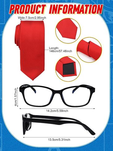 3 Pcs Halloween Classic Cinema Reporter Nerd Cosplay Accessories Set Include Black Nerd Glasses Red Solid Color Tie Formal Necktie Solid Suspender for Boys Men Cosplay Party Dress up in Saudi Arabia