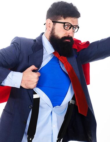 3 Pcs Halloween Classic Cinema Reporter Nerd Cosplay Accessories Set Include Black Nerd Glasses Red Solid Color Tie Formal Necktie Solid Suspender for Boys Men Cosplay Party Dress up in Saudi Arabia