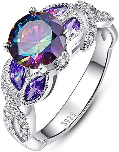 Women's Rainbow Topaz Ring |Amethyst|Fully Paved with Cubic Zircona 925 Sterling Silver Engagement Rings Bezel Setting Marquise ，Presents for Mother and Grandma in Saudi Arabia