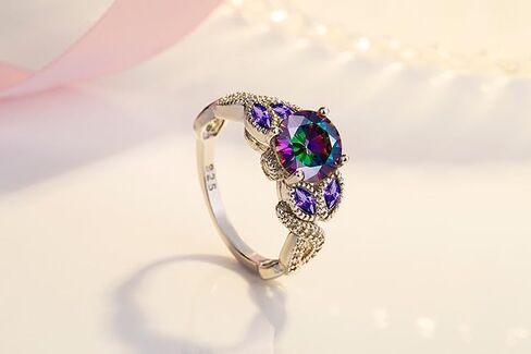 Women's Rainbow Topaz Ring |Amethyst|Fully Paved with Cubic Zircona 925 Sterling Silver Engagement Rings Bezel Setting Marquise ，Presents for Mother and Grandma in Saudi Arabia