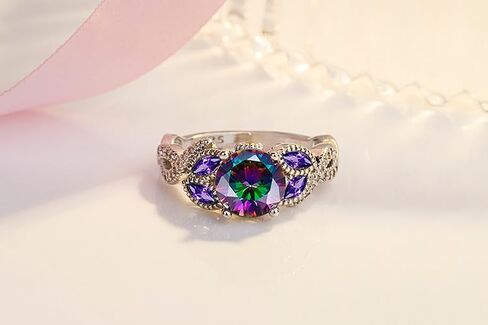 Women's Rainbow Topaz Ring |Amethyst|Fully Paved with Cubic Zircona 925 Sterling Silver Engagement Rings Bezel Setting Marquise ，Presents for Mother and Grandma in Saudi Arabia