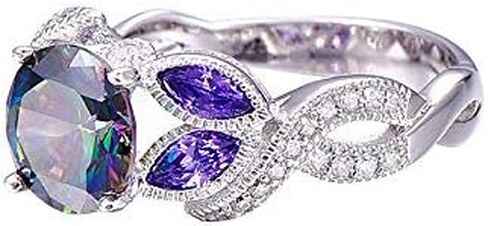 Women's Rainbow Topaz Ring |Amethyst|Fully Paved with Cubic Zircona 925 Sterling Silver Engagement Rings Bezel Setting Marquise ，Presents for Mother and Grandma in Saudi Arabia