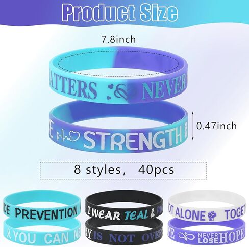 CCINEE 40Pcs Suicide Awareness Silicone Bracelets Purple Teal Inspirational Rubber Bracelets Motivational Rubber Bracelet with Inspirational Messages for Men Women Teen (8 Styles) in Saudi Arabia