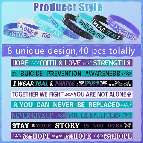 CCINEE 40Pcs Suicide Awareness Silicone Bracelets Purple Teal Inspirational Rubber Bracelets Motivational Rubber Bracelet with Inspirational Messages for Men Women Teen (8 Styles) in Saudi Arabia