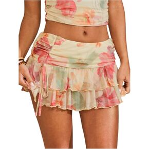 GORGLITTER المرأة الأزهار طباعة شبكة التنانير الصغيرة بوهو الصيف لطيف كشكش الطبقات الرباط عطلة الشاطئ تنورة قصيرة in Kuwait