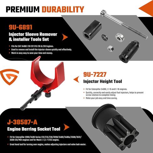 مجموعة مزيل كم الحاقن 9U-6891 + أداة ارتفاع الحاقن 9U-7227 + J-38587-a مقبس منع المحرك مناسب لمحركات الديزل Caterpillar CAT 3406E C-15 C-16 (8 قطع) in Kuwait