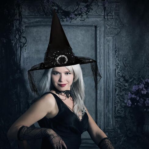 CCINEE Witch Hats for Women, Adult Witch Vampire Halloween Costumes Accessories Black/Purple/Orange Foldable Lace Veils Hats for Cosplay Party in Saudi Arabia