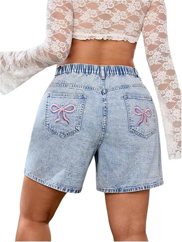 WDIRARA Women's Plus Size Bow Embroidery Denim Shorts High Waisted Y2k Jean Shorts in Saudi Arabia
