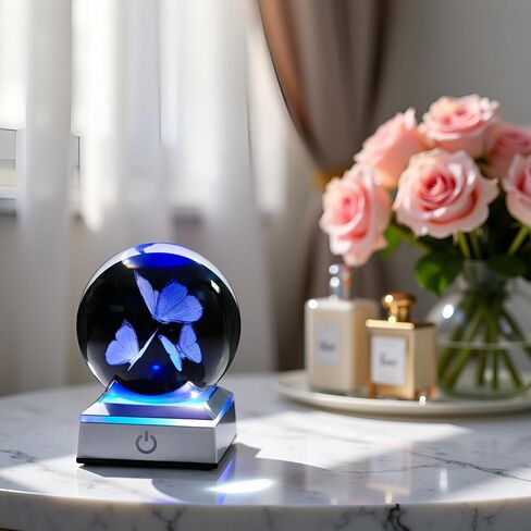 Movdyka 3D كريستال توليب الكرة مع الفراشات تمثال الهدايا الزجاج زهور التوليب هدايا للنساء أمي في ذكرى الزفاف عيد الميلاد عيد الحب عيد الأم ديكور المنزل الحلي تمثال ضوء الليل in Kuwait