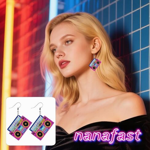 Nanafast 80s Earrings for Women Retro 90s Neon Acrylic Earrings Vintage Cassette Tape Style Jewelry 70s 80s 90s Outfits & Party Accessories for Women in Saudi Arabia