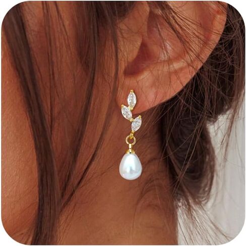 Gold Dangle Earrings for Women, 14k Pearl Drop Earrings Leaf Flower Pearl Gold Earrings for Women Trendy Cute Prom Bridal Earring Dangling Long Pearl Earring Wedding Jewelry Gift in Kuwait