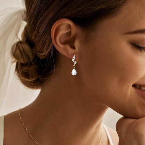 Gold Dangle Earrings for Women, 14k Pearl Drop Earrings Leaf Flower Pearl Gold Earrings for Women Trendy Cute Prom Bridal Earring Dangling Long Pearl Earring Wedding Jewelry Gift in Kuwait