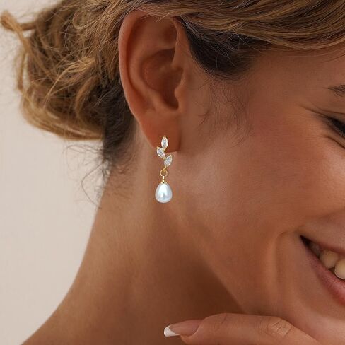 Gold Dangle Earrings for Women, 14k Pearl Drop Earrings Leaf Flower Pearl Gold Earrings for Women Trendy Cute Prom Bridal Earring Dangling Long Pearl Earring Wedding Jewelry Gift in Kuwait