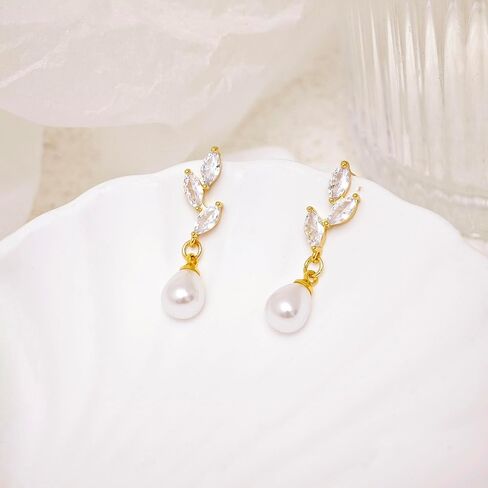 Gold Dangle Earrings for Women, 14k Pearl Drop Earrings Leaf Flower Pearl Gold Earrings for Women Trendy Cute Prom Bridal Earring Dangling Long Pearl Earring Wedding Jewelry Gift in Kuwait