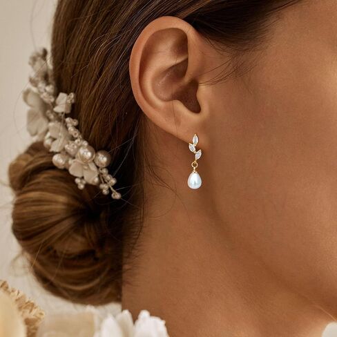 Gold Dangle Earrings for Women, 14k Pearl Drop Earrings Leaf Flower Pearl Gold Earrings for Women Trendy Cute Prom Bridal Earring Dangling Long Pearl Earring Wedding Jewelry Gift in Kuwait