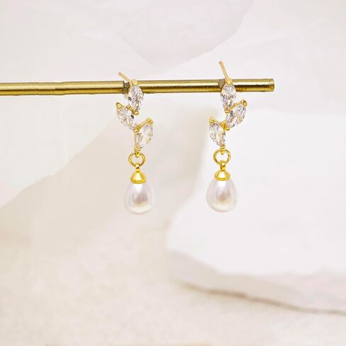 Gold Dangle Earrings for Women, 14k Pearl Drop Earrings Leaf Flower Pearl Gold Earrings for Women Trendy Cute Prom Bridal Earring Dangling Long Pearl Earring Wedding Jewelry Gift in Kuwait