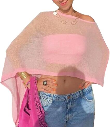 Women Sheer Poncho Top See Through Knit Shrug Mesh Blouse Off The Shoulder Pullover Summer Beach Cover Up Tops in Saudi Arabia