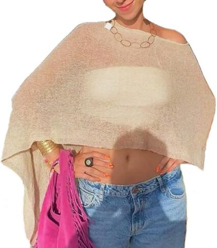 Women Sheer Poncho Top See Through Knit Shrug Mesh Blouse Off The Shoulder Pullover Summer Beach Cover Up Tops in Saudi Arabia