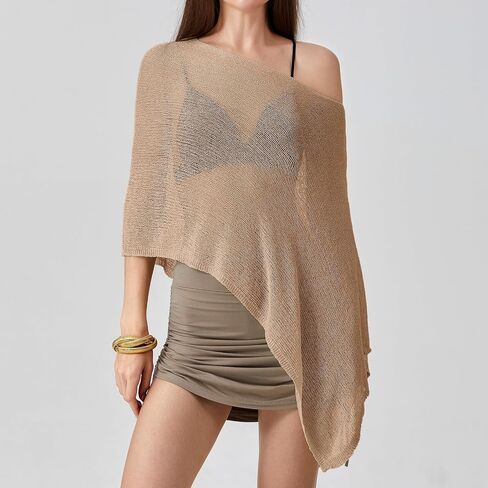 Women Sheer Poncho Top See Through Knit Shrug Mesh Blouse Off The Shoulder Pullover Summer Beach Cover Up Tops in Saudi Arabia