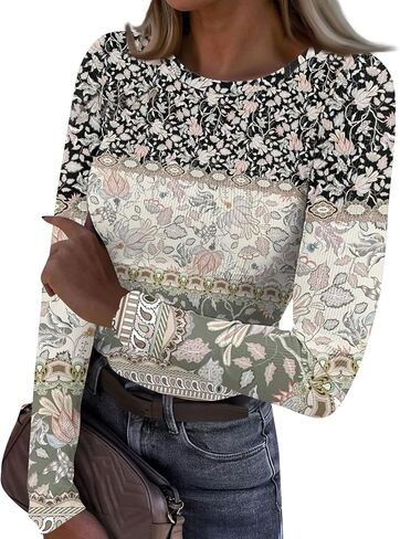 قمصان عيد الميلاد للنساء بأكمام طويلة وفتحة رقبة دائرية وقمصان سفلية ضيقة ومطاطة أساسية in Kuwait