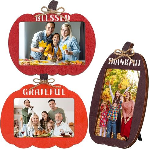 3 Pcs Fall Pumpkin Picture Frame 4 x 6 Inch Wooden Photo Frame Orange Decoration for Halloween Thanksgiving Gift Autumn Wall & Tabletop Display(Harvest Style) in Saudi Arabia