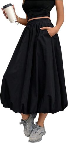 تنورة Verdusa النسائية على شكل حرف A ذات فقاعات كاجوال أنيقة مكشكشة وتنانير طويلة واسعة مع جيوب in Kuwait