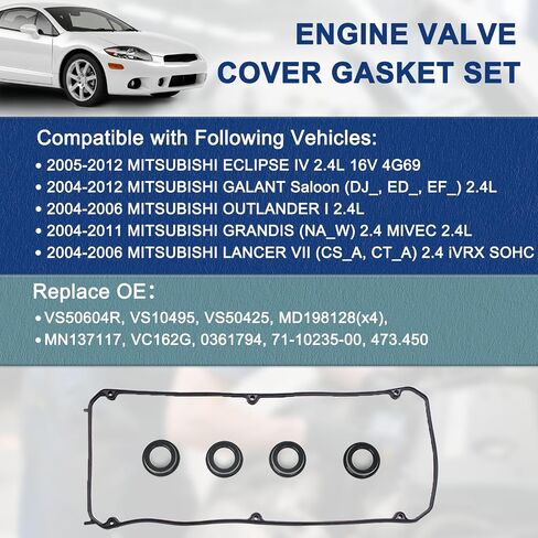 VS50604R Engine Valve Cover Gasket Set Compatible with 2.4L Mitsubishi Outlander Lancer Grandis Eclipse Galant 2004 2005 2006 2007 2008 2009 2010 2011 2012 VS10495 VS50425 MD198128 MN137117 in Saudi Arabia
